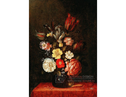 D-8708 Pieter van de Venne - Růže, tulipány a chryzantemy ve skleněné váze