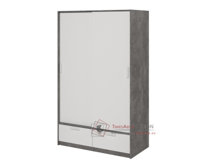 LINCOLN, šatní skříň s posuvnými dveřmi se 2-mi zásuvkami 121cm, beton / bílá