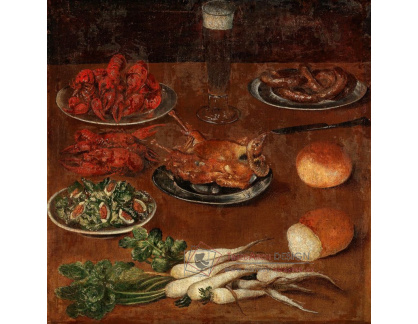 D-9812 Neznámý autor - Humr, ústřice, pečené kuře, ředkev a pivní sklenice na stole