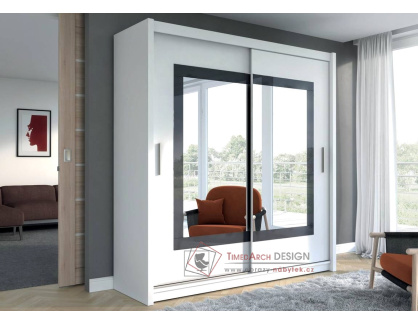 PRESTON, šatní skříň s posuvnými dveřmi 203cm, bílá / šedé sklo / zrcadlo