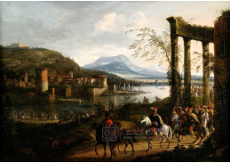 VSO 1188 Willem van Bemmel - Italská říční krajina se zříceninami, přístavem a kavalerii