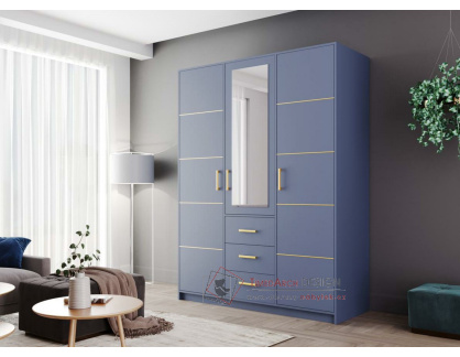 BASILIO D3, šatní skříň 3-dveřová se 3-mi zásuvkami 147cm, modrá / zrcadlo