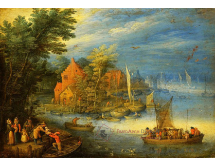 BRG-09 Jan Brueghel - Městečko na břehu široké řeky s připlouvající lodí