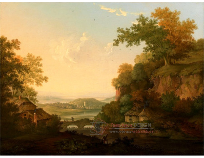 SO IX 217 James Lambert Lewes - Říční krajina s doškovými chatami a mostem přes hráz