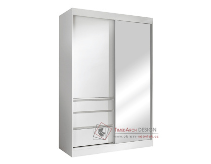 ROMUALDA, šatní skříň s posuvnými dveřmi a 3-mi zásuvkami 140cm, bílá / zrcadlo
