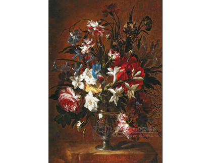 D-8655 Jean-Baptiste Monnoyer - Karafiáty, růže, lilie a jiné květiny ve váze na římse