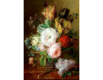 A-2760 Cornelis Van Spaendonck - Zátiší s růžemi, tulipány a šeříky v košíku na mramorové desce
