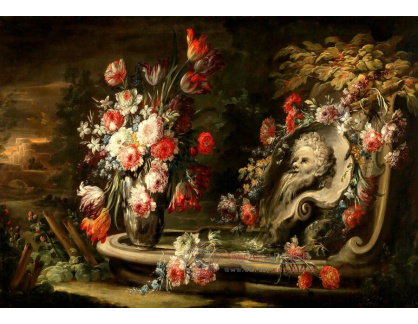 A-5508 Neznámý autor - Tulipány, pivoňky a další květiny ve váze na okraji vyřezávané fontány