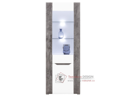 BRANDO B05, vitrína s LED osvětlením, bílá / beton / bílý lesk