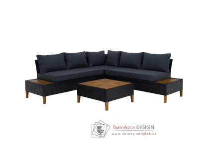 MALKOM, zahradní ratanový set, černá / látka šedá / akácie přírodní