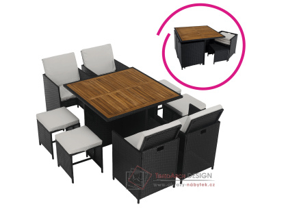 MELFORD, zahradní ratanový set, černá / látka krémová / akácie přírodní