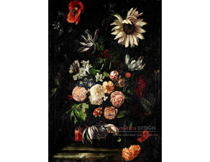A-1400 Ernst Stuven - Růže, tulipány, vlčí máky, slunečnice a další květiny ve skleněné váze na kamenné ří