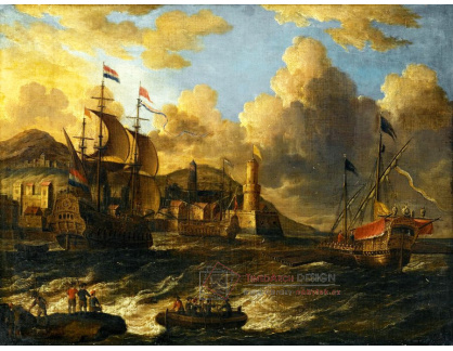 KO III-352 Pieter van de Velde - Holandské lodě na moři u pobřeží opevněného města