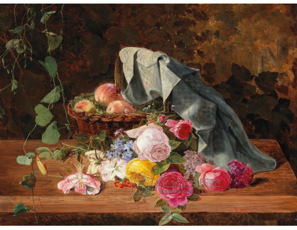 D-9744 Ferdinand Küss - Zátiší s košíkem broskví, růží, lilií a svlačce