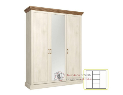 ROYAL S3D, šatní skříň 3-dveřová 157cm, borovice bílá / dub divoký / zrcadlo