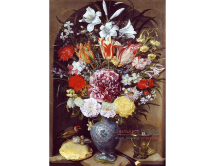 VN-271 Georg Flegel - Zátiší s květinami, ptákem a sklenicí ve výklenku