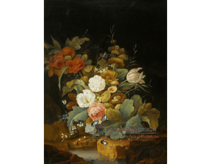 XV-482 Elias Van den Broeck - Zátiší s ptačím hnízdem, růžemi, tulipány a dalšími květinami