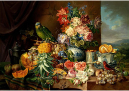 VZ245 Josef Schuster - Zátiší s ovocem, květinami a papouškem