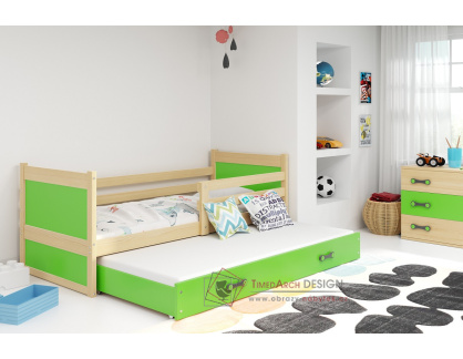 RIKY II, postel s přistýlkou 90x200cm, borovice / zelená
