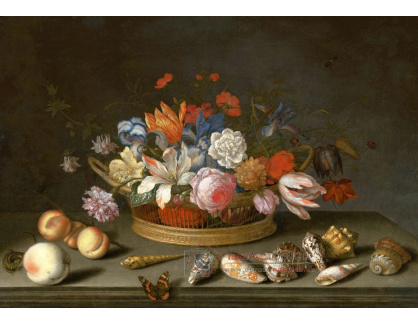 A-1313 Balthasar van der Ast - Tulipány, růže a jiné květiny v košíku na stole, s mušlemi, ovocem, ještěrk