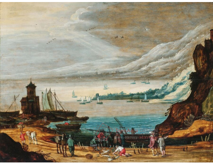 A-8693 Jan Brueghel a Joos de Momper - Pobřežní krajina s opevněními a rybáři vykládajícími své úlovky