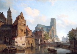 SO XVI-426 Cornelis Springer - Pohled na Delftsevaart s kostelem svatého Vavřince v Rotterdamu