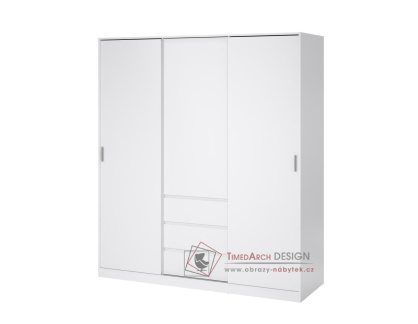 SIMPLICITY 148, šatní skříň s posuvnými dveřmi a 3-mi zásuvkami 177cm, bílá / bílý lesk