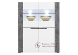 BRANDO B04, komoda 4-dveřová s vitrínou a LED osvětlením, bílá / beton / bílý lesk