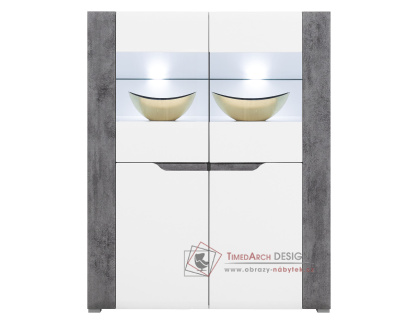 BRANDO B04, komoda 4-dveřová s vitrínou a LED osvětlením, bílá / beton / bílý lesk