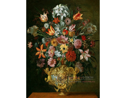 A-5622 Neznámý autor - Tulipány, lilie, narcisy a další květiny ve vyřezávané váze