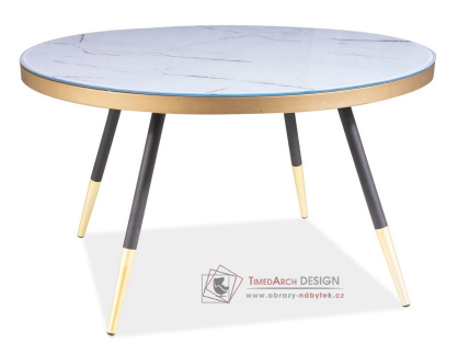 VEGA B, konferenční stolek pr. 80cm, černá + zlatá / sklo s efektem mramoru