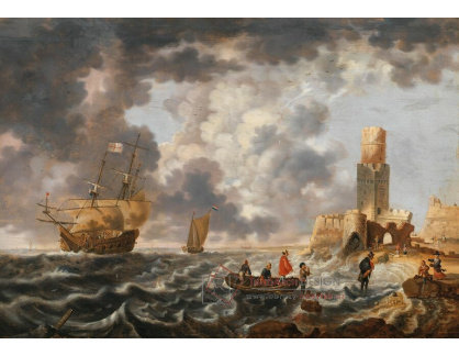 A-5304 Cornelis Mahu - Přímořská krajina s loděmi a rybářskými čluny