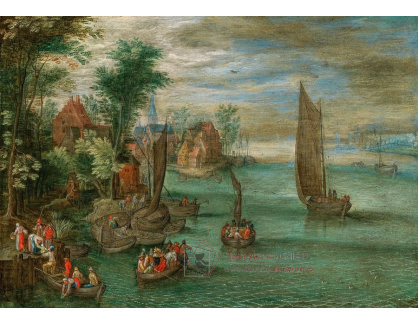 A-2243 Jan Brueghel - Říční krajina s přívozem a plachetnicemi