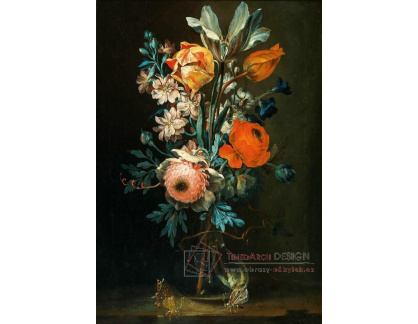 A-5743 Ignaz Stern - Pivoňky, tulipány a další květiny ve skleněné váze na kamenné římse se dvěma motýly