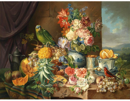 SO XIII-341 Josef Schuster - Zátiší s květinami, ovocem a papouškem