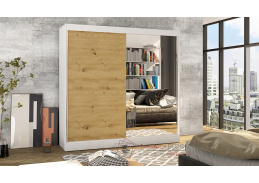 BAJA I, šatní skříň s posuvnými dveřmi 200cm, bílá / dub artisan / zrcadlo