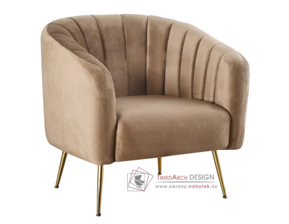 BAGY, designové křeslo, gold chrom zlatý / látka velvet hnědá