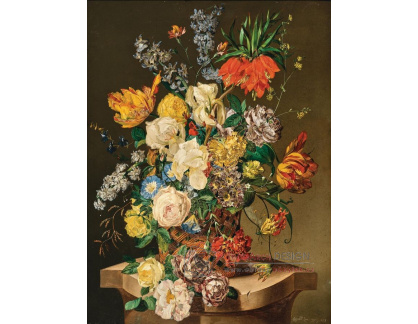 A-8581 Leopold Zinnögger - Bohaté květinové zátiší s růžemi, tulipány, šeříkovými hyacinty, narcisy, kosatci