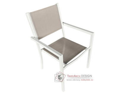 DORIO, zahradní stohovatelná židle, bílá ocel / textilie světle šedá