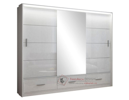 MARSYLIA, šatní skříň s posuvnými dveřmi s 3-mi zásuvkami a LED osvětlením 250cm, bílá / bílý lesk / zrcadlo