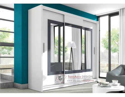 PRESTON, šatní skříň s posuvnými dveřmi 250cm, bílá / šedé sklo / zrcadlo