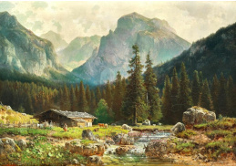 A-7591 Ludwig Skell - Letní pastvina s chatou a krávami