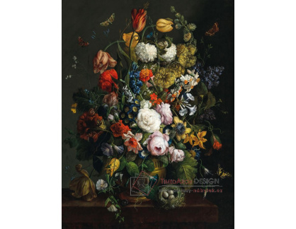 A-2660 Johann Baptist Drechsler - Tulipány, narcisy, růže a jiné květiny ve váze na kamenné římse s motýly