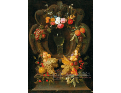 DDSO-5457 Jacob Fopsen van Es - Zátiší z ovoce a květin obklopující kartuší se sklenici vína