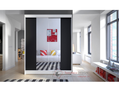 CAMILA II, šatní skříň s posuvnými dveřmi 150cm, bílá / černá / zrcadla