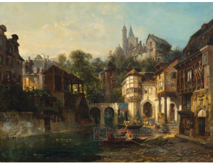 A-3735 Pierre van Elven - Pohled na historické město s vesničany v lodi