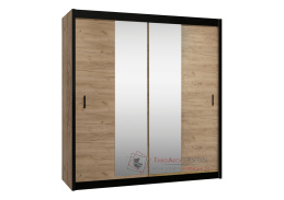 CRAFT, šatní skříň s posuvnými dveřmi 203cm, černá / dub craft / zrcadla