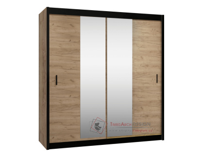 CRAFT, šatní skříň s posuvnými dveřmi 203cm, černá / dub craft / zrcadla