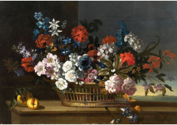 A-2477 Pieter Casteels - Květiny v košíku s broskvemi na stole před krajinným pozadím