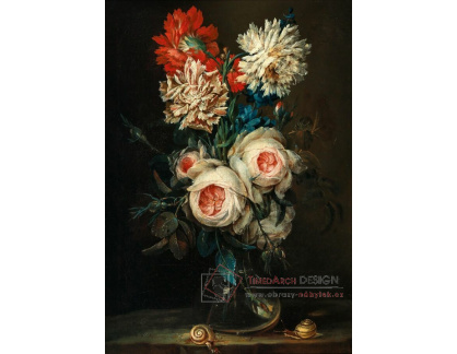 A-5744 Ignaz Stern - Růže, karafiáty a další květiny ve skleněné váze na kamenné římse se dvěma šneky